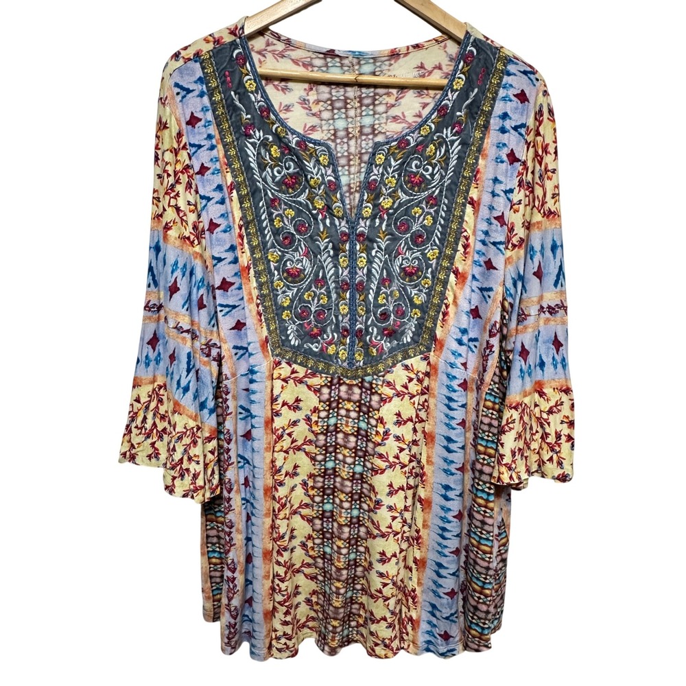 Soft Surroundings Embroidered Tunic Top Women 3X Multicolor Boho Bell Sleeve